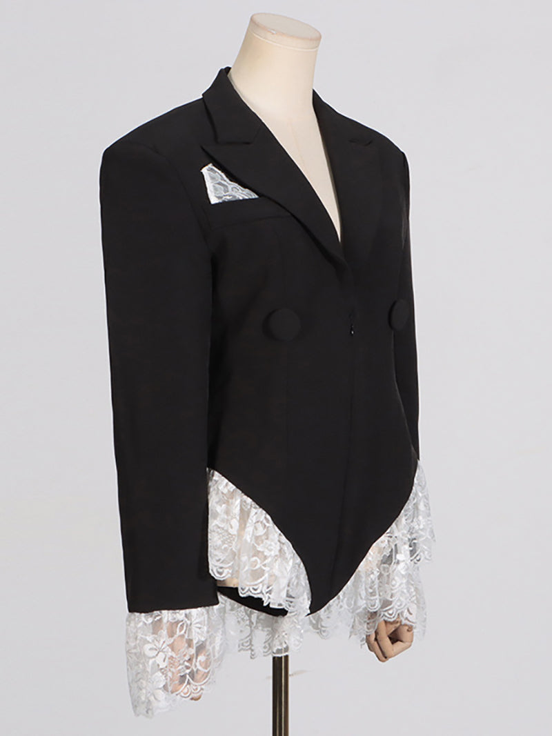 Elegant Lace Patchwork Ruffles Blazer Bodysuit
