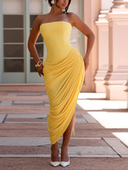 Sexy Strapless Ruched Asymmetrical Side Slit Midi Dress