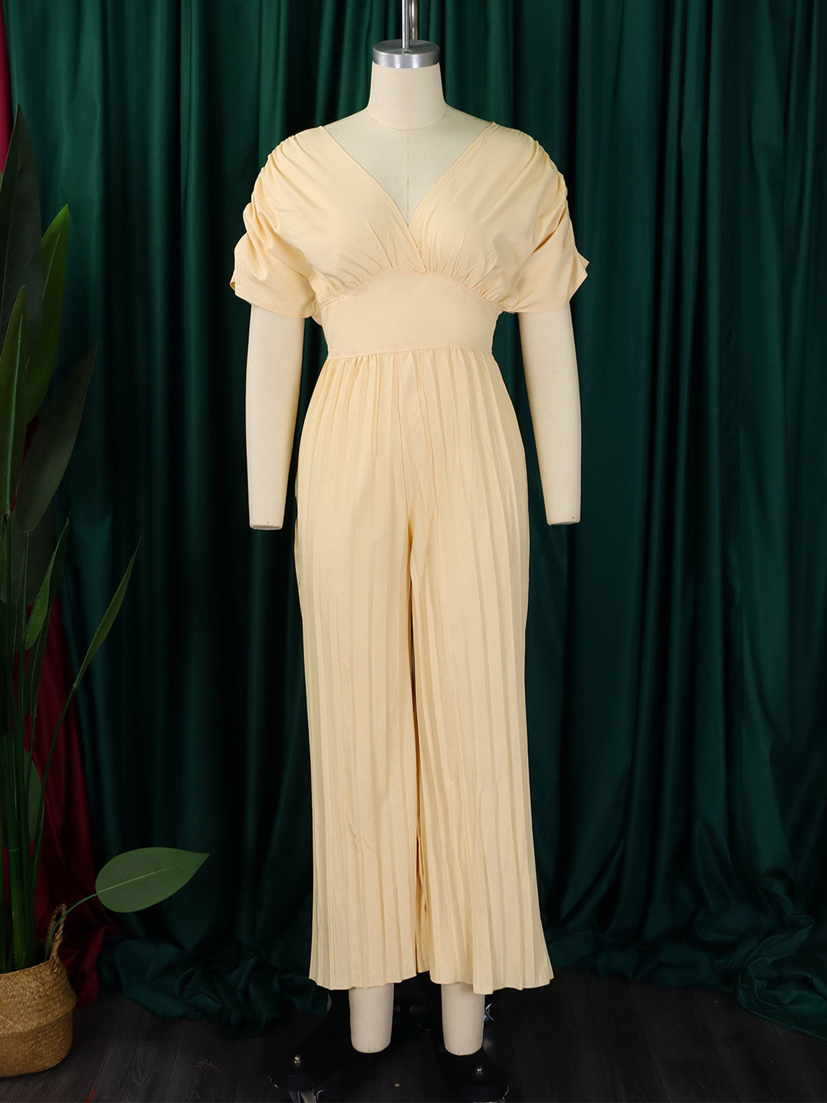 Elegant V-Neck Pleated Wide Leg Jumpsuit