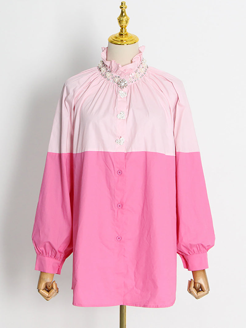 Fashion Long Sleeve Beaded Embellishment Blouse