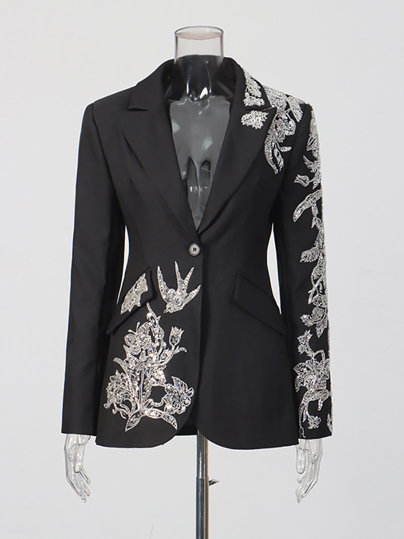 Fashion Sequin Embroidery Cinched Waist Blazer