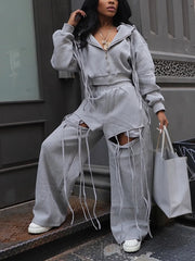 Zipper Fringe Hoodie and Wide Leg Trousers Sets
