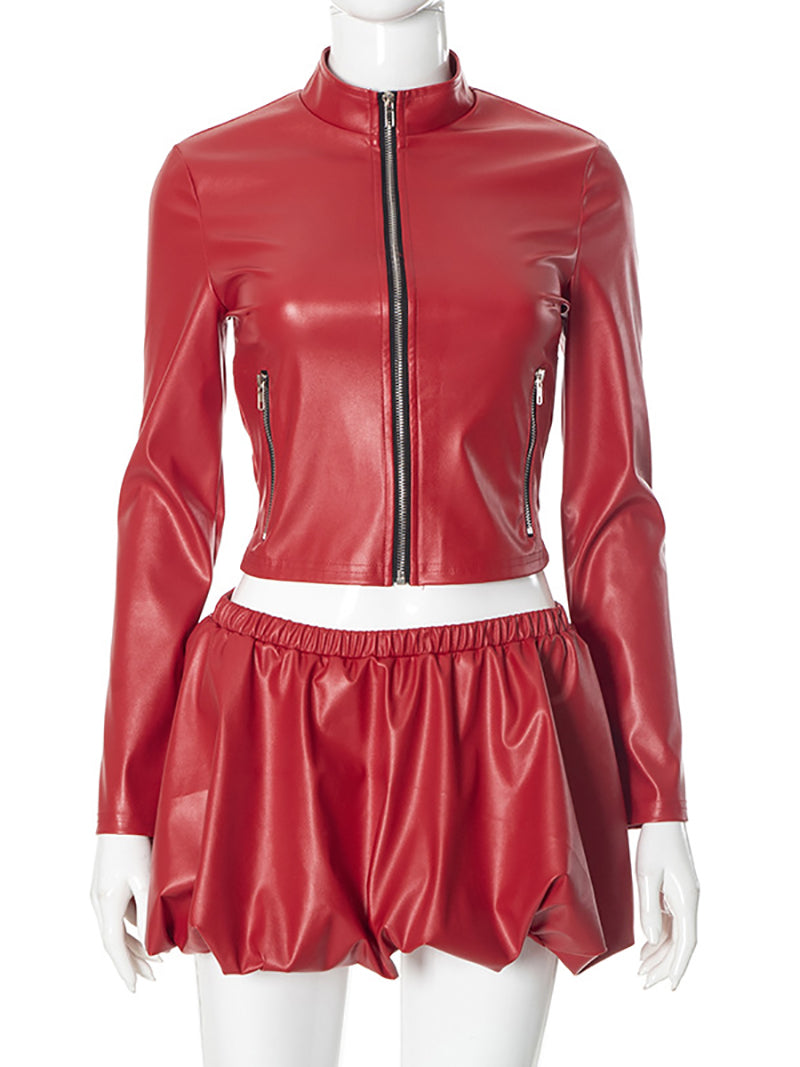 PU Leather Zipped Jacket Mini Skirt Sets