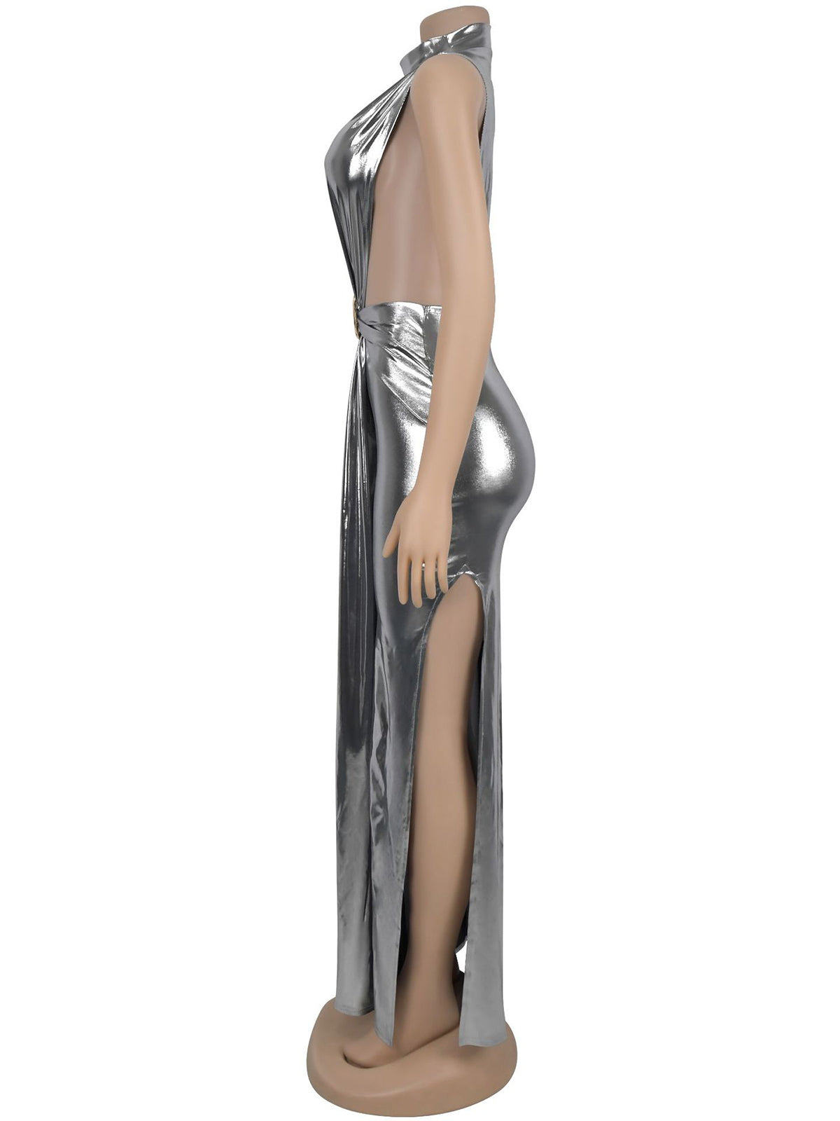 Elegant High-Neck Hollow Out Metal Color Slit Dress