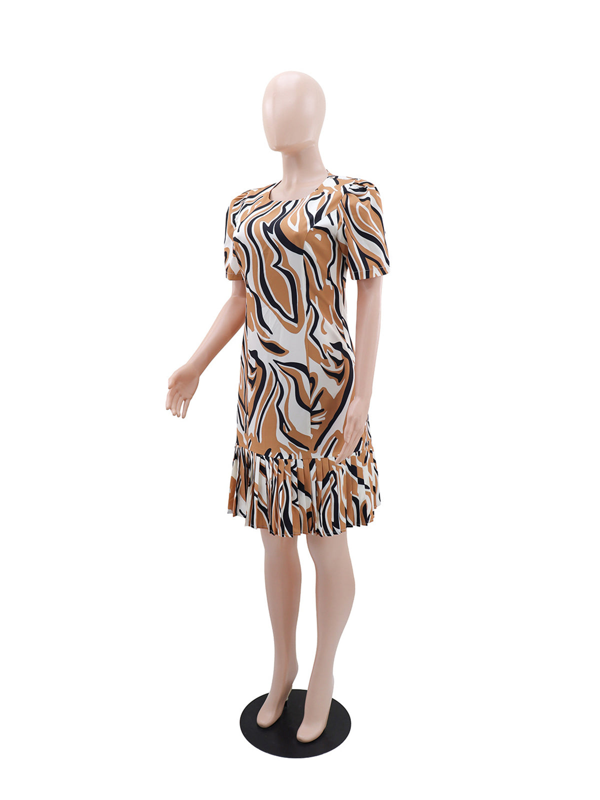 Casual Round Neck Print Slim Pleated Midi Dress