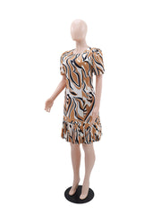 Casual Round Neck Print Slim Pleated Midi Dress