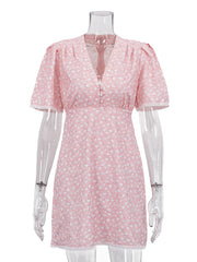 Casual V Neck Print Puff Sleeve High Waist Mini Dress