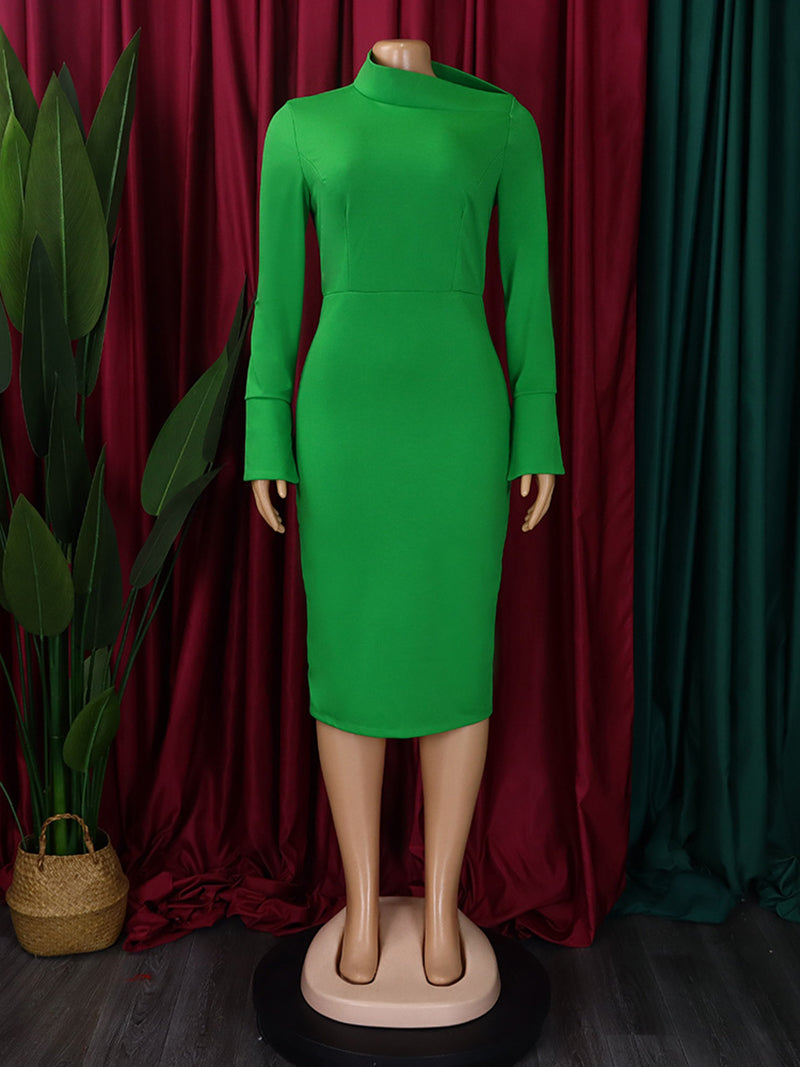 Fashion Oblique Collar Solid Bodycon Midi Dress