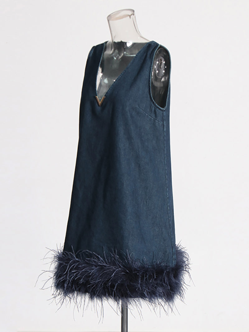 Sleeveless Feather Trim Denim Mini Dress