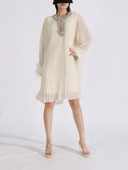 Round Neck Nail Bead Feather Cuffs Pleated Dress