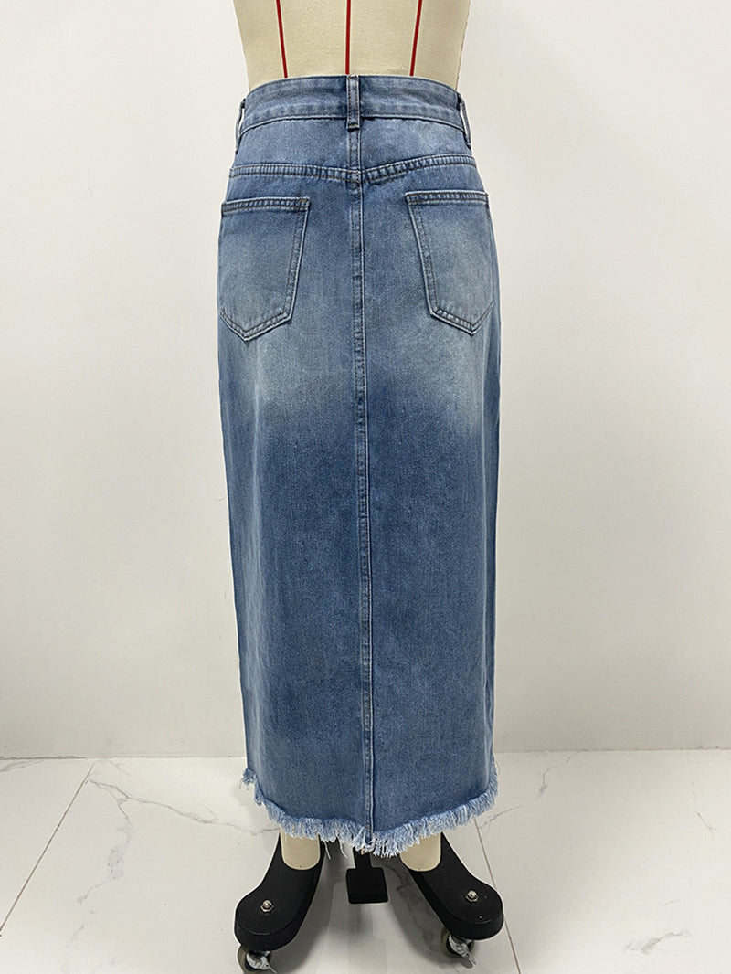 High Waist Irregular Tassel Casual Denim Skirt