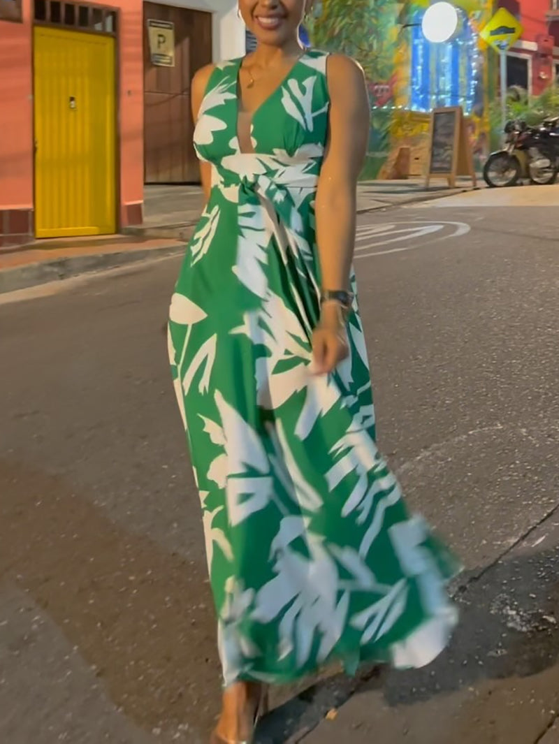 Casual Print V Neck Long Dress