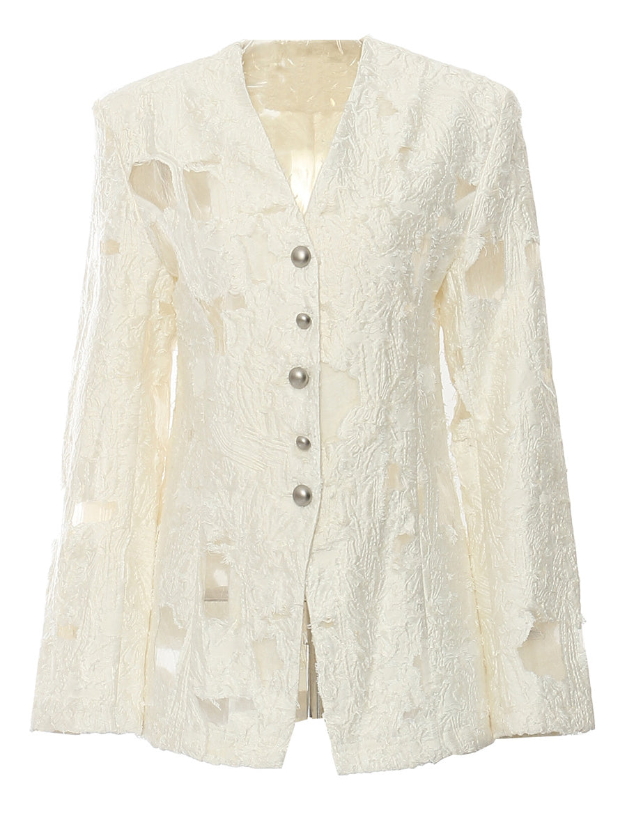 Beaded Mottled Hollow Out Jacquard Blazer