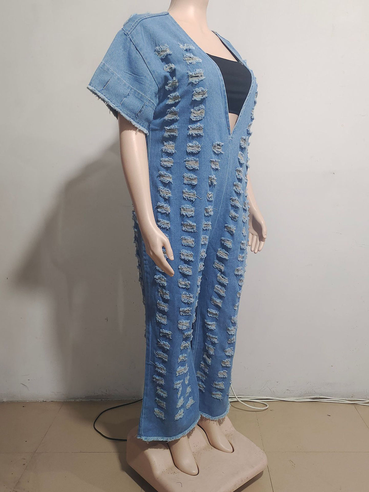 Sexy Deep V Loose Ripped Denim Jumpsuit