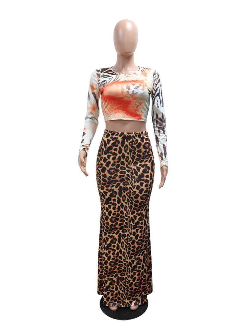 Leopard Print Round Neck Crop Top Slim Skirt Two Piece