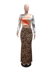 Leopard Print Round Neck Crop Top Slim Skirt Two Piece