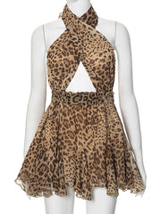 Leopard Print Wrinkled Holiday Beach Mini Dress