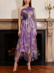 Sexy One Shoulder Mesh Split Floral Midi Dress