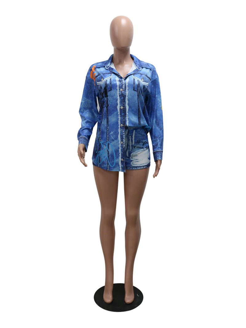 Patchwork Print Single Breasted Blouse Shorts Sets