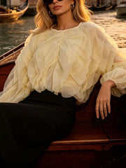 Fashion Round Neck Lace-up Ruffle Blouse