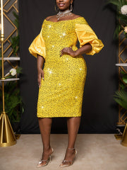 Elegant Off Shoulder Sequin Puff Sleeve Party Mid Dress