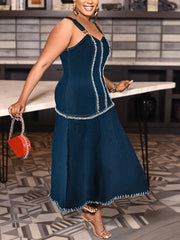 Plus Size Frayed Trim Strap Denim Midi Dress