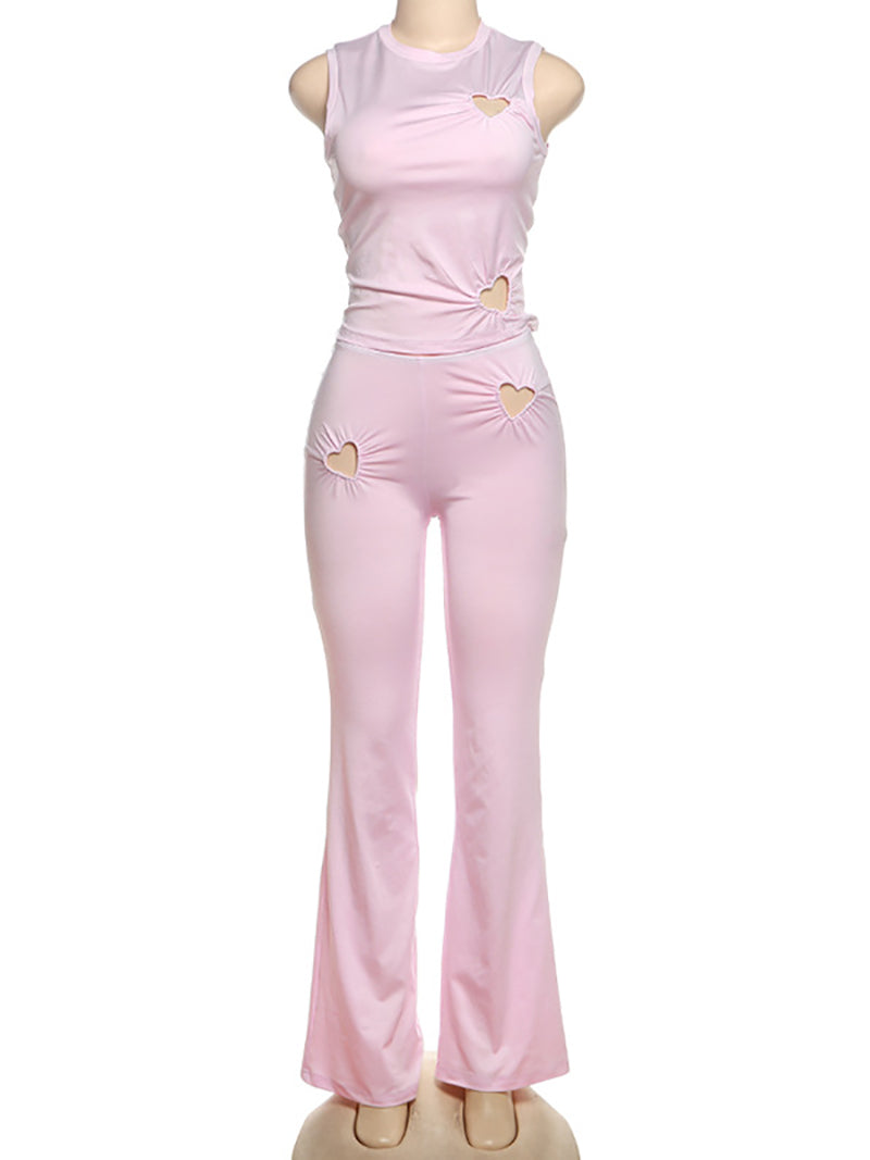 Heart Hollow Sleeveless Top High Waist Pant Set