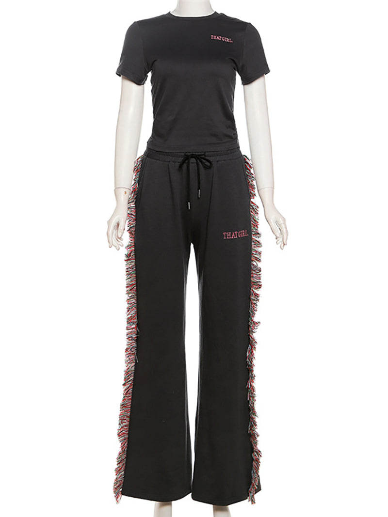 Embroidery T Shirt Tassels Trousers Casual Set