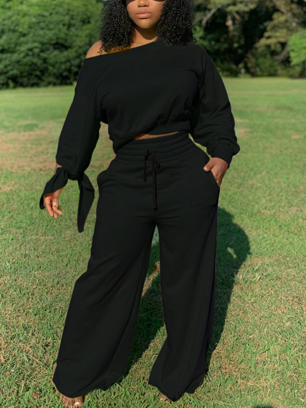 Casual Oblique Shoulder Tops High Waist Trousers Set
