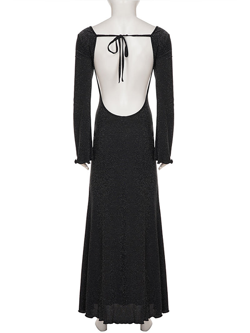 Elegant Flared Sleeve Backless Lace-Up Slim Maxi Dress