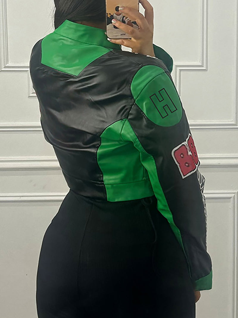 Fashion PU Leather Print Cropped Baseball Jacket