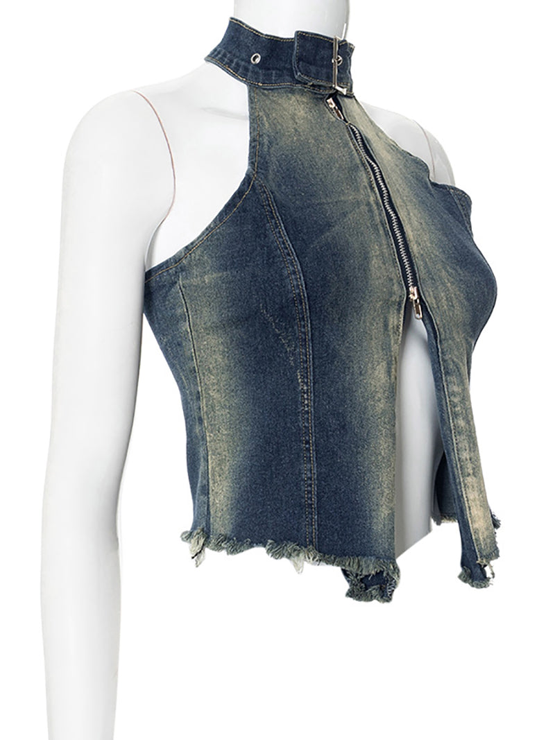 Sexy Halter Backless Hollow out Denim Top