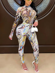 Casual Print Bodysuit Sheer Mesh Tight Pants Sets