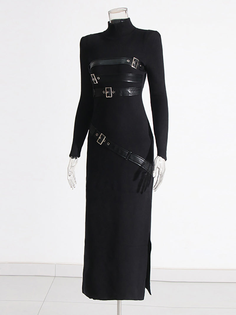 Spliced Belt Split High Waist Slim Maxi Dress