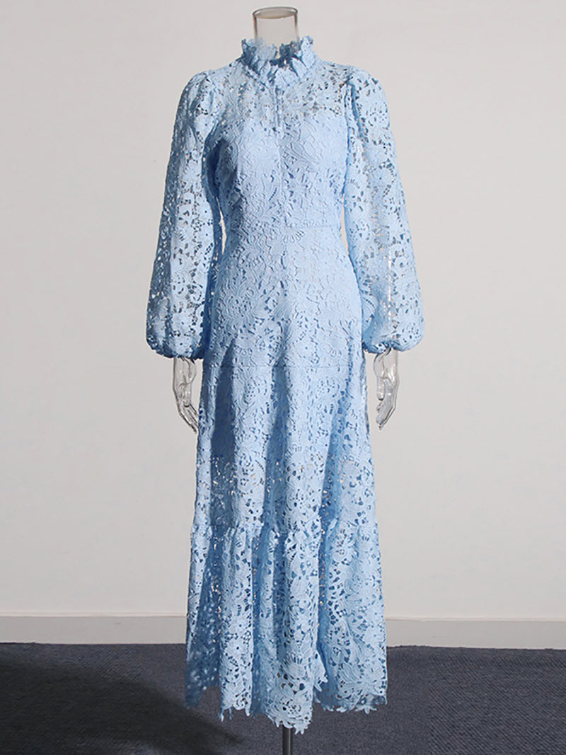 Elegant Floral Embroidered Hollow Ruffle Maxi Dress
