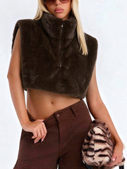 High Neck Zip Front Cropped Faux Fur Vest