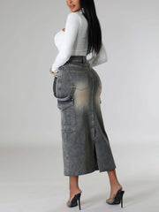 Fashion Elastic Denim Mid Skirt