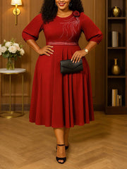 Elegant Round Neck Half Sleeve Cinched Waist Dress