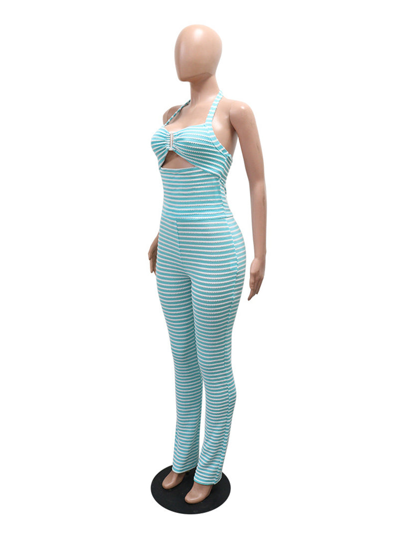 Casual Halter Cut Out Stripe Sleeveless Pants Sets
