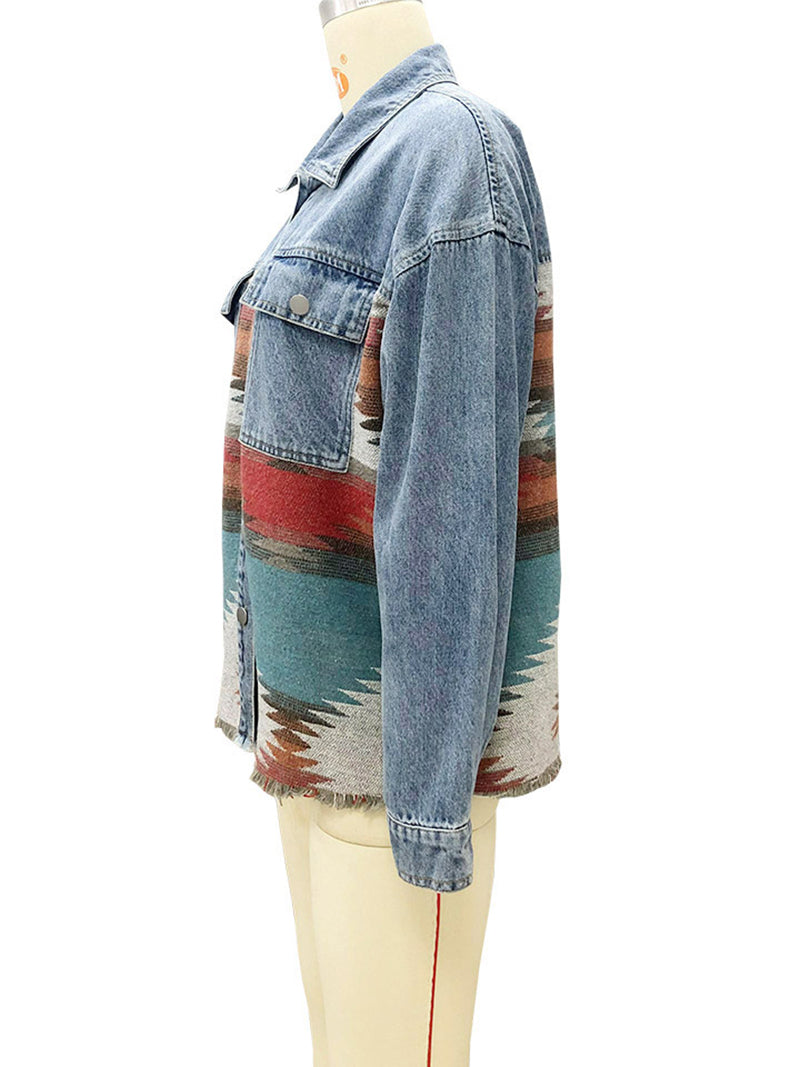 Fashion Denim Patchwork Contrast Aztec Jacket