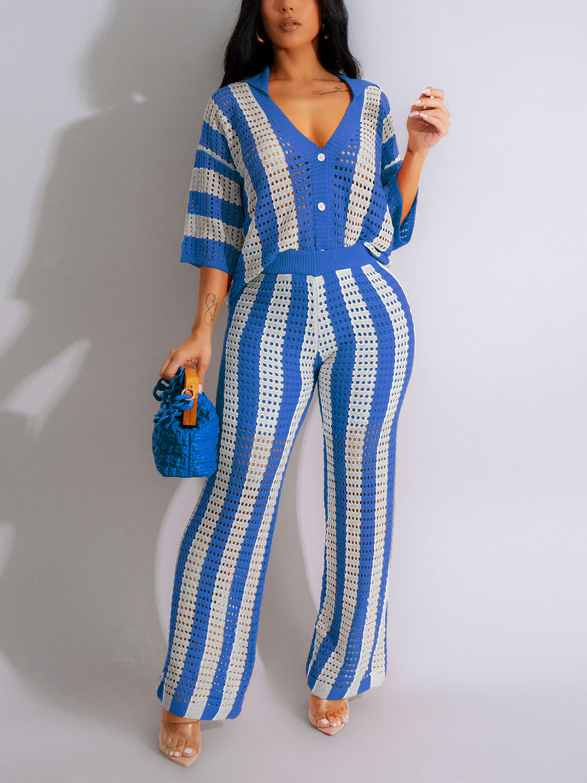 Newest V Neck Hollow out Stripe Knit Two-piece Set