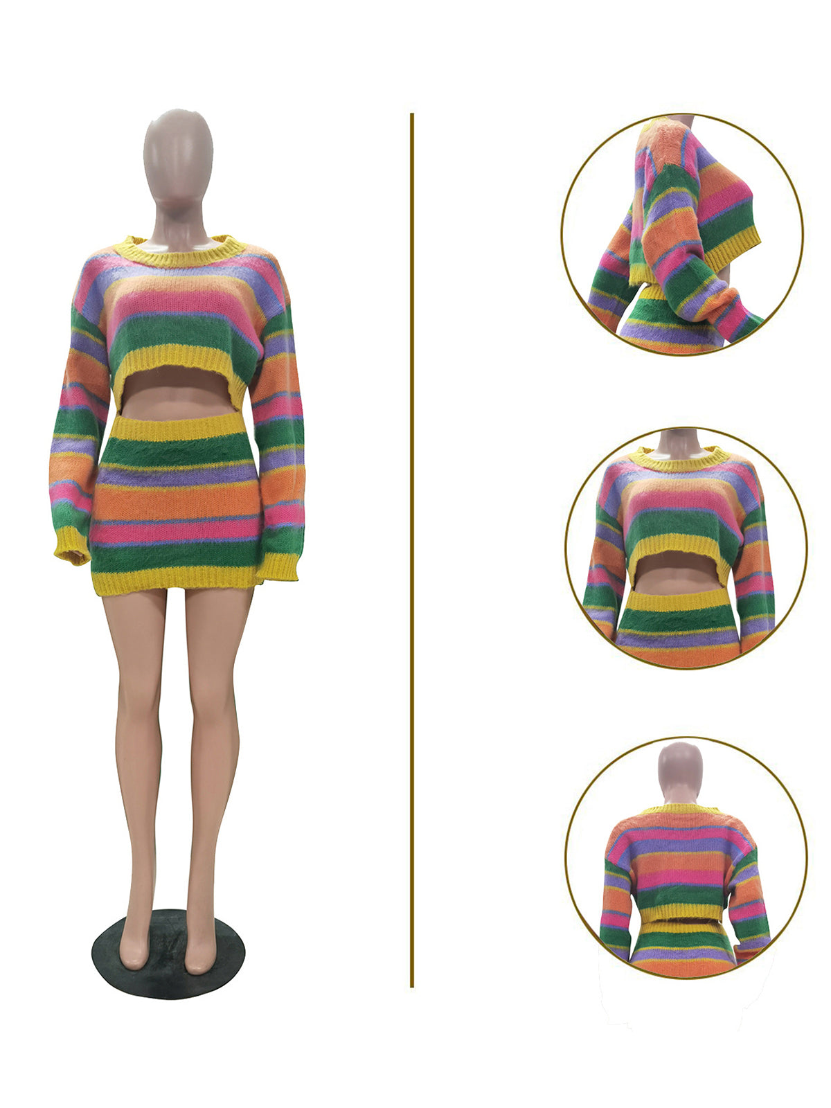 Color Block Stripe Knit Crop Sweater And Skirt Club Set