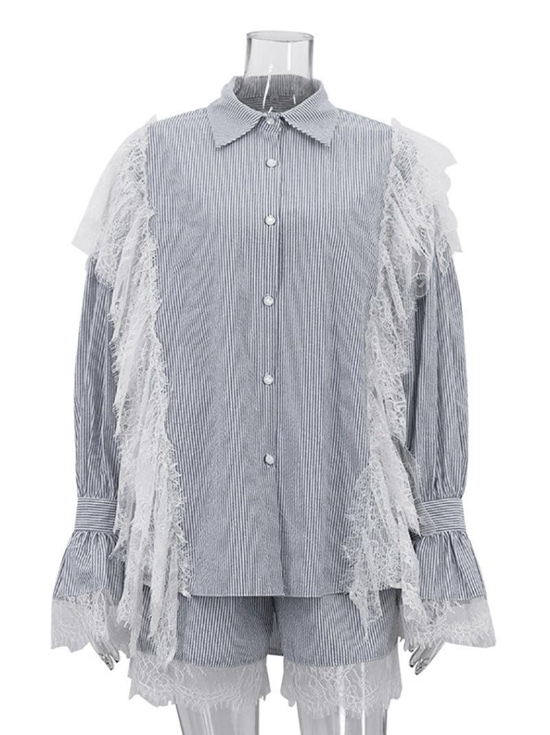 Striped Lace Patchwork Flare Sleeve Top And Shorts Sets