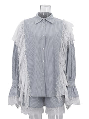 Striped Lace Patchwork Flare Sleeve Top And Shorts Sets