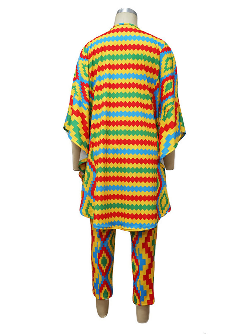 Casual Print V Neck Loose Oversized Top And Pants Set