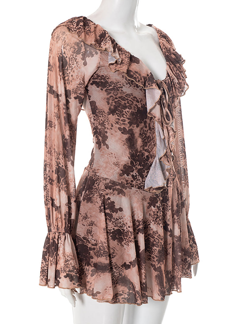 Sexy Leopard Print Ruffle Lace-up Mini Dress