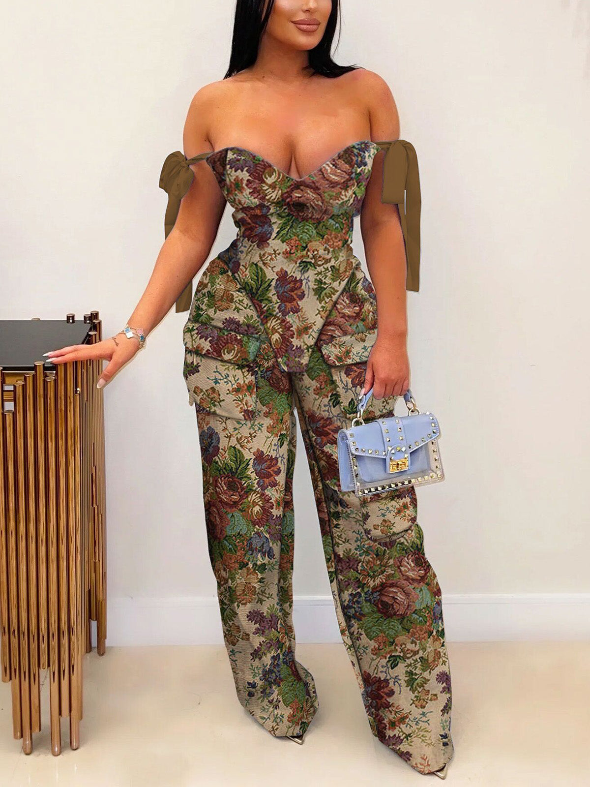 Sexy Print Off Shoulder Tie-wrap Pant Sets