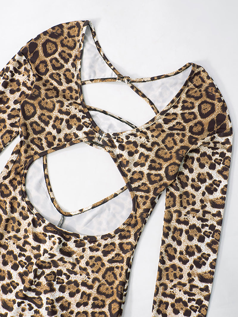 Sexy Leopard Print Hollow out Tight Jumpsuit