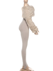 Sexy Off Shoulder Fur Trim Jumpsuit