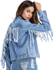 Raw Edge with Fringe Detail Denim Jacket